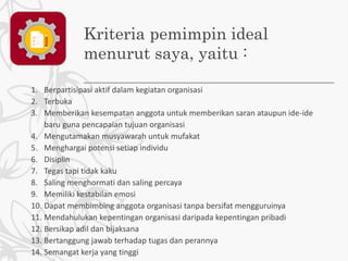 Kriteria pemimpin ideal
menurut saya, yaitu :
1. Berpartisipasi aktif dalam kegiatan organisasi
2. Terbuka
3. Memberikan kesempatan anggota untuk memberikan saran ataupun ide-ide
baru guna pencapaian tujuan organisasi
4. Mengutamakan musyawarah untuk mufakat
5. Menghargai potensi setiap individu
6. Disiplin
7. Tegas tapi tidak kaku
8. Saling menghormati dan saling percaya
9. Memiliki kestabilan emosi
10. Dapat membimbing anggota organisasi tanpa bersifat mengguruinya
11. Mendahulukan kepentingan organisasi daripada kepentingan pribadi
12. Bersikap adil dan bijaksana
13. Bertanggung jawab terhadap tugas dan perannya
14. Semangat kerja yang tinggi
 
