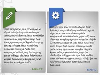 Binti mempunyai jiwa periang jadi ia
dapat terbuka dengan bawahannya
sehingga bawahannya dapat memberikan
saran dan ide yang mendukung. Lalu
binti juga mempunyai kepribadian yang
tenang sehingga dapat mendukung
kestabilan emosinya. Serta binti
mempunyai pribadi yang bertanggung
jawab sehingga dia dapat bekerjasama
dengan bawahannya tanpa menyuruh
bawahan seenaknya sendiri.
Adilla Y.F
Menurut saya anda memiliki sebagian besar
kriteria pemimpin ideal yang anda buat, seperti
dapat menerima saran dari orang lain,
musyawarah, memberi teladan, jujur, adil, dapat
dipercaya, menghargai potensi orang lain, disiplin
dan bertanggung jawab serta dapat mengontrol
emosi dengan baik. Namun kekurangan anda
yaitu kurang tegas namun mungkin sikap itu
karena sulitnya permasalahan yang akan
diselesaikan sehingga anda ingin lebih melihat
saran dari semua anggota sehingga tidak akan ada
yang merasa keberatan dalam pengambilan
keputusan.
Yeni F.O
 