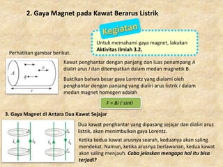 2. Gaya Magnet pada Kawat Berarus Listrik
Perhatikan gambar berikut.
Kawat penghantar dengan panjang dan luas penampang A
dialiri arus I dan ditempatkan dalam medan magnetik B.
Buktikan bahwa besar gaya Lorentz yang dialami oleh
penghantar dengan panjang yang dialiri arus listrik I dalam
medan magnet homogen adalah
3. Gaya Magnet di Antara Dua Kawat Sejajar
Dua kawat penghantar yang dipasang sejajar dan dialiri arus
listrik, akan menimbulkan gaya Lorentz.
Ketika kedua kawat arusnya searah, keduanya akan saling
mendekat. Namun, ketika arusnya berlawanan, kedua kawat
akan saling menjauh. Coba jelaskan mengapa hal itu bisa
terjadi?
Untuk memahami gaya magnet, lakukan
Aktivitas Ilmiah 3.2.
F = Bi ℓ sin
 