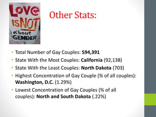 Other Stats:
• Total Number of Gay Couples: 594,391
• State With the Most Couples: California (92,138)
• State With the Least Couples: North Dakota (703)
• Highest Concentration of Gay Couple (% of all couples):
Washington, D.C. (1.29%)
• Lowest Concentration of Gay Couples (% of all
couples): North and South Dakota (.22%)
 