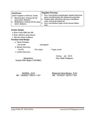 (rpp) Fisika TP. 2015/2016 www.haris1970.blogspot.com10
Konfirmasi
Dalam kegiatan konfirmasi, Siswa:
1. Menyimpulkan tentang hal-hal
yang belum diketahui
2. Menjelaskan tentang hal-hal yang
belum diketahui.
Kegiatan Penutup
1. Guru memberikan penghargaan kepada kelompok
yang memiliki kinerja dan kerjasama yang baik.
2. Peserta didik (dibimbing oleh guru) berdiskusi
untuk membuat rangkuman.
3. Guru memberikan tugas rumah berupa latihan
soal.
Sumber Belajar
a. Buku Fisika SMA dan MA
b. Buku referensi yang relevan
c. Alat dan bahan praktikum
Penilaian Hasil Belajar
a. Teknik Penilaian:
- tes tertulis - penugasan
b. Bentuk Instrumen:
- Tes PG - Tes uraian - Tugas rumah
c. Contoh Instrumen
Tamiai, Juli 2015
Mengetahui
Kepala SMA Negeri 9 KERINCI
DAHRUL, S.Pd
NIP. 19590601 198512 1 001
Guru Mata Pelajaran,
Mohamad Haris Mansur, S.Pd
NIP. 19700527 199703 1 004
 