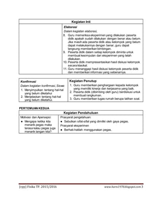 (rpp) Fisika TP. 2015/2016 www.haris1970.blogspot.com3
Kegiatan Inti
Elaborasi
Dalam kegiatan elaborasi,
8. Guru memeriksa eksperimen yang dilakukan peserta
didik apakah sudah dilakukan dengan benar atau belum.
Jika masih ada peserta didik atau kelompok yang belum
dapat melakukannya dengan benar, guru dapat
langsung memberikan bimbingan.
9. Peserta didik dalam setiap kelompok diminta untuk
membuat kesimpulan dari eksperimen yang telah
dilakukan.
10. Peserta didik mempresentasikan hasil diskusi kelompok
secara klasikal.
11. Guru menanggapi hasil diskusi kelompok peserta didik
dan memberikan informasi yang sebenarnya.
Konfirmasi
Dalam kegiatan konfirmasi, Siswa:
1. Menyimpulkan tentang hal-hal
yang belum diketahui
2. Menjelaskan tentang hal-hal
yang belum diketahui.
Kegiatan Penutup
1. Guru memberikan penghargaan kepada kelompok
yang memiliki kinerja dan kerjasama yang baik.
2. Peserta didik (dibimbing oleh guru) berdiskusi untuk
membuat rangkuman.
3. Guru memberikan tugas rumah berupa latihan soal.
PERTEMUAN KEDUA
Kegiatan Pendahuluan
Motivasi dan Apersepsi:
 Mengapa ketika kita
menarik pegas maka
terasa kalau pegas juga
menarik tangan kita?
Prasyarat pengetahuan:
 Sebutkan sifat-sifat yang dimiliki oleh gaya pegas.
Prasyarat eksperimen
 Berhati-hatilah menggunakan pegas.
 