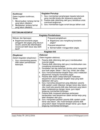 (rpp) Fisika TP. 2015/2016 www.haris1970.blogspot.com6
Konfirmasi
Dalam kegiatan konfirmasi,
Siswa:
1. Menyimpulkan tentang hal-hal
yang belum diketahui
2. Menjelaskan tentang hal-hal
yang belum diketahui.
Kegiatan Penutup
1. Guru memberikan penghargaan kepada kelompok
yang memiliki kinerja dan kerjasama yang baik.
2. Peserta didik (dibimbing oleh guru) berdiskusi untuk
membuat rangkuman.
3. Guru memberikan tugas rumah berupa latihan soal.
PERTEMUAN KEEMPAT
Kegiatan Pendahuluan
Motivasi dan Apersepsi:
 Bagaimana konstanta pegas
pengganti dari pegas yang disusun
secara pararel jika dibandingkan
secara seri lebih besar atau lebih
kecil?
Prasyarat pengetahuan:
 Bagaimana cara menghitung konstanta
pegas?
Prasyarat eksperimen
 Berhati-hatilah menggunakan pegas.
Kegiatan Inti
Eksplorasi
Dalam kegiatan eksplorasi :
1. Guru membimbing peserta
didik dalam pembentukan
kelompok.
Elaborasi
Dalam kegiatan elaborasi,
1. Peserta didik (dibimbing oleh guru) mendiskusikan
susunan pegas.
2. Peserta didik (dibimbing oleh guru) mendiskusikan cara
menghitung konstanta pegas.
3. Perwakilan dari tiap kelompok diminta untuk mengambil
dua buah pegas, beban 1 dan 2 kg, mistar, dan statip.
4. Guru mempresentasikan langkah kerja untuk melakukan
eksperimen mengukur konstanta pegas
5. Peserta didik dalam setiap kelompok melakukan
eksperimen sesuai dengan langkah kerja yang telah
dijelaskan oleh guru.
6. Guru memeriksa eksperimen yang dilakukan peserta
didik apakah sudah dilakukan dengan benar atau belum.
Jika masih ada peserta didik atau kelompok yang belum
dapat melakukannya dengan benar, guru dapat
langsung memberikan bimbingan.
7. Peserta didik menjawab beberapa pertanyaan
berdasarkan hasil eksperimen dalam lembar kerja yang
telah disiapkan oleh guru.
8. Guru mengoreksi jawaban peserta didik apakah sudah
benar atau belum. Jika masih terdapat peserta didik
yang belum dapat menjawab dengan benar, guru dapat
langsung memberikan bimbingan.
 