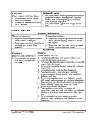 (rpp) Fisika TP. 2015/2016 www.haris1970.blogspot.com7
Konfirmasi
Dalam kegiatan konfirmasi, Siswa:
1. Menyimpulkan tentang hal-hal
yang belum diketahui
2. Menjelaskan tentang hal-hal yang
belum diketahui.
Kegiatan Penutup
1. Guru memberikan penghargaan kepada kelompok
yang memiliki kinerja dan kerjasama yang baik.
2. Peserta didik (dibimbing oleh guru) berdiskusi
untuk membuat rangkuman.
3. Guru memberikan tugas rumah berupa latihan
soal.
PERTEMUAN KELIMA
Kegiatan Pendahuluan
Motivasi dan Apersepsi:
 Bagaimana syarat terjadinya osilasi
benda diantara dua pegas?
 Bagaimana menimbang massa tubuh
astronaut yang berada di luar
angkasa?
Prasyarat pengetahuan:
 Bagaimana menghitung besarnya konstanta
efektif pada benda yang diikatkan di antara
dua pegas?
 Bagaimana cara mengukur massa astronaut
dengan menggunakan dua pegas?
Kegiatan Inti
Eksplorasi
Dalam kegiatan eksplorasi :
1. Guru membimbing peserta
didik dalam pembentukan
kelompok.
Elaborasi
Dalam kegiatan elaborasi,
1. Peserta didik (dibimbing oleh guru) mendiskusikan
osilasi benda diantara dua pegas.
2. Perwakilan dari tiap kelompok diminta untuk mengambil
pegas, statip, dan beban.
3. Guru mempresentasikan langkah kerja untuk melakukan
eksperimen
4. mengetahui osilasi benda diantara dua pegas.
5. Peserta didik dalam setiap kelompok melakukan
eksperimen sesuai dengan langkah kerja yang telah
dijelaskan oleh guru.
6. Guru memeriksa eksperimen yang dilakukan peserta
didik apakah sudah dilakukan dengan benar atau belum.
Jika masih ada peserta didik atau kelompok yang belum
dapat melakukannya dengan benar, guru dapat
langsung memberikan bimbingan.
7. Peserta didik memperhatikan rumusan untuk
menentukan besar gaya total yang dialami benda ketika
diikatkan di antara dua pegas yang disampaikan oleh
guru.
8. Guru menjelaskan rumusan untuk menentukan
konstanta efektif pada benda yang diikatkan di antara
dua pegas.
 
