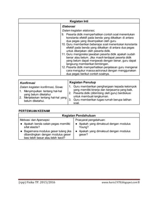 (rpp) Fisika TP. 2015/2016 www.haris1970.blogspot.com8
Kegiatan Inti
Elaborasi
Dalam kegiatan elaborasi,
9. Peserta didik memperhatikan contoh soal menentukan
konstanta efektif pada benda yang diikatkan di antara
dua pegas yang disampaikan oleh guru.
10. Guru memberikan beberapa soal menentukan konstanta
efektif pada benda yang diikatkan di antara dua pegas
untuk dikerjakan oleh peserta didik.
11. Guru mengoreksi jawaban peserta didik apakah sudah
benar atau belum. Jika masih terdapat peserta didik
yang belum dapat menjawab dengan benar, guru dapat
langsung memberikan bimbingan.
12. Peserta didik memperhatikan penjelasan guru mengenai
cara mengukur massa astronaut dengan menggunakan
dua pegas berikut contoh soalnya.
Konfirmasi
Dalam kegiatan konfirmasi, Siswa:
1. Menyimpulkan tentang hal-hal
yang belum diketahui
2. Menjelaskan tentang hal-hal yang
belum diketahui.
Kegiatan Penutup
1. Guru memberikan penghargaan kepada kelompok
yang memiliki kinerja dan kerjasama yang baik.
2. Peserta didik (dibimbing oleh guru) berdiskusi
untuk membuat rangkuman.
3. Guru memberikan tugas rumah berupa latihan
soal.
PERTEMUAN KEENAM
Kegiatan Pendahuluan
Motivasi dan Apersepsi:
 Apakah benda selain pegas memiliki
sifat elastis?
 Bagaimana modulus geser tulang jika
dibandingkan dengan modulus geser
besi lebih besar atau lebih kecil?
Prasyarat pengetahuan:
 Apakah yang dimaksud dengan modulus
Young?
 Apakah yang dimaksud dengan modulus
geser?
 