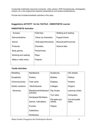 Incorporate multimedia resources (computer, video camera, OHP transparencies, photography
camera, etc.) into programmes (teacher presentations and student presentations).

Provide lots of tactile-kinesthetic activities in the class.




Suggestions ACTIVITY for the TACTILE - KINESTHETIC Learner

KINESTHETIC Activities

KSurveys.                        Field trips.                  Walking and reading.

Demonstrations.                  Dress as characters.          Puppet shows.

Dance.                           Role-play/interviewss.        Musical performances.

Products.                        Charades.                     Science labs

Body games.                      Pantomimes.

Rocking and reading.             Plays.

Make a video show.               Projects.


Activities
Tactile Activities

Modelling.              Needlework.                    Sculptures.            Info wheels.

Scrapbook.              Posters.                       Mobiles.               Peekys.

Colouring books.        Task cards.                    Displays.              Floaterz.

Artistic creations       Electroboards.                Collages               Origami.

 Dioramas.              Blackboard/whiteboard Flip chutes.                    Learning circles.
                        activities
                                                Turn starz                    Computers.
                        Sandpaper/felt letters.
                                                Flip-gate quiz                Cut-and-paste
                        Games. Calculators.     sheets.                       tasks.

                        Puzzles.                       Flippaz.

                        Collections.

                        Workbooks

Bahan Sumber Pengajaran dan Pembelajaran Bestari                                             9/
 