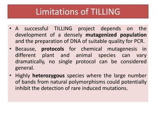 Limitations of TILLING
• A successful TILLING project depends on the
development of a densely mutagenized population
and the preparation of DNA of suitable quality for PCR.
• Because, protocols for chemical mutagenesis in
different plant and animal species can vary
dramatically, no single protocol can be considered
general.
• Highly heterozygous species where the large number
of bands from natural polymorphisms could potentially
inhibit the detection of rare induced mutations.
 