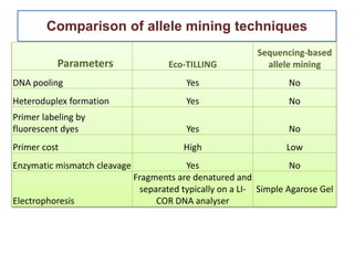 Parameters Eco-TILLING
Sequencing-based
allele mining
DNA pooling Yes No
Heteroduplex formation Yes No
Primer labeling by
fluorescent dyes Yes No
Primer cost High Low
Enzymatic mismatch cleavage Yes No
Electrophoresis
Fragments are denatured and
separated typically on a LI-
COR DNA analyser
Simple Agarose Gel
Comparison of allele mining techniques
 