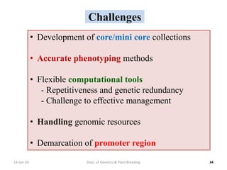 3419-Jan-20 Dept. of Genetics & Plant Breeding
Challenges
• Development of core/mini core collections
• Accurate phenotyping methods
• Flexible computational tools
- Repetitiveness and genetic redundancy
- Challenge to effective management
• Handling genomic resources
• Demarcation of promoter region
 