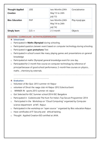 Thought Applied
Creation
J2EE two Months (24th
May’13 to 24th
july’13)
Core/advance
Bios Education PHP two Months (24th
May’14 to 24th
july’14)
Php,mysql,ajax
Simply learn C/C++ 2-3 month Objects
CO-EXTRA CURRICULAR ACTIVITIE/CERTIFICATES
School Level:
o Participated in Maths Olympiad during schooling.
o Participated question /answer event based on computer technology during schooling
o Participated in gyan protsahana Test
o Participated in school’s event like many playing games and presentations on general
knowledge
o Participated at maths Olympiad general knowledge event for one day.
o Participated for 2-month free course on computer technology by reference of
principal because of good school performance, 2-month free courses on physics ,
maths , chemistry by externals.
……………………………………………………………………………………………………………………………………………
…………………………………………………………….
Graduation:
o Volunteer of Biz-Quiz 2013 summer nit Raipur
o volunteer of Shruti the raaga club nit Raipur 2012 Eclectica Event
o WINNER IN sports 2013 summer nit raipur
o Got Selected for IISC Summer school 2014 IISC Bangalore
o Participated in CodeUncode The Hunt For India’s Top Secure Programmer 2014
o Participated in the Workshop on “Cloud Computing” organized by Computer
science department at NIT, Raipur.
o Participated in the workshop on “open source “ organized by Bios education Raipur.
o Have certificates of IT Security and ethical hacking.
o Thought Applied Creation ISO certified at JAVA.
 