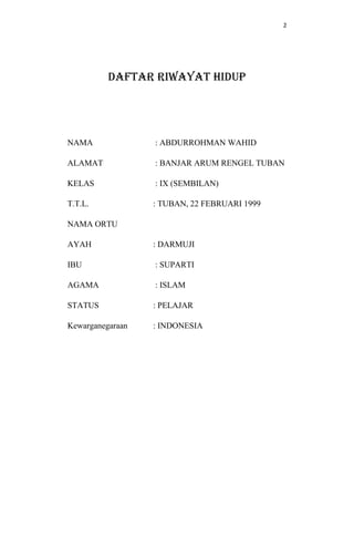 2
DAFTAR RIWAYAT HIDUP
NAMA : ABDURROHMAN WAHID
ALAMAT : BANJAR ARUM RENGEL TUBAN
KELAS : IX (SEMBILAN)
T.T.L. : TUBAN, 22 FEBRUARI 1999
NAMA ORTU
AYAH : DARMUJI
IBU : SUPARTI
AGAMA : ISLAM
STATUS : PELAJAR
Kewarganegaraan : INDONESIA
 