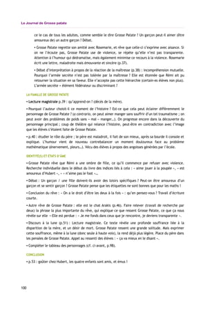 Le Journal de Grosse patate
ce le cas de tous les adultes, comme semble le dire Grosse Patate ? Un garçon peut-il aimer (être
amoureux de) un autre garçon ? Débat.
▪ Grosse Patate regrette son amitié avec Rosemarie, et rêve que celle-ci s’exprime avec aisance. Si
on ne l’écoute pas, Grosse Patate use de violence, se répète qu’elle n’est pas transparente.
Attention à l’humour qui dédramatise, mais également minimise ce recours à la violence. Rosemarie
écrit une lettre, maladroite mais émouvante et sincère (p.37).
▪ Débat d’interprétation à propos de la réaction de la maîtresse (p.38) : incompréhension mutuelle.
Pourquoi l’armée secrète n’est pas tolérée par la maîtresse ? Elle est étonnée que Rémi ait pu
retourner la situation en sa faveur. Elle n’accepte pas cette hiérarchie (certain-es élèves non plus).
L’armée secrète = élément fédérateur ou discriminant ?
LA FAMILLE DE GROSSE PATATE
▪ Lecture magistrale p.39 : qu’apprend-on ? (décès de la mère).
▪ Pourquoi l’auteur choisit-il ce moment de l’histoire ? Est-ce que cela peut éclairer différemment le
personnage de Grosse Patate ? (a contrario, on peut aimer manger sans souffrir d’un tel traumatisme ; on
peut avoir des problèmes de poids sans « mal » manger…). On progresse encore dans la découverte du
personnage principal ; coup de théâtre qui relance l’histoire, peut-être en contradiction avec l’image
que les élèves s’étaient faite de Grosse Patate.
▪ p.40 : étudier le rôle du père ; le père est maladroit, il fait de son mieux, après sa bourde il console et
explique. L’humour vient de nouveau contrebalancer un moment douloureux face au problème
mathématique (énervement, pleurs…). Vécu des élèves à propos des angoisses générées par l’école.
IDENTITÉ(S) ET ÉTATS D’ÂME
▪ Grosse Patate rêve que Rémi a une ombre de fille, ce qu’il commence par refuser avec violence.
Recherche individuelle dans le début du livre des indices liés à cela : « aime jouer à la poupée », « est
amoureux d’Hubert », « « n’aime pas le foot »…
▪ Débat : Un garçon / une fille doivent-ils avoir des loisirs spécifiques ? Peut-on être amoureux d’un
garçon et se sentir garçon ? Grosse Patate pense que les étiquettes ne sont bonnes que pour les maths !
▪ Conclusion du rêve : « On a le droit d’être les deux à la fois » : qu’en pensez-vous ? Travail d’écriture
courte.
▪ Autre rêve de Grosse Patate : elle est le chat Arakis (p.46). Faire relever (travail de recherche par
deux) la phrase la plus importante du rêve, qui explique ce que ressent Grosse Patate, ce que ça nous
révèle sur elle Elle est perdue→ : « Je me fonds dans ceux que je rencontre, je deviens transparente ».
▪ Discours à la lune (p.51) : Lecture magistrale. Ce texte révèle une profonde souffrance liée à la
disparition de la mère, et un désir de mort. Grosse Patate ressent une grande solitude. Mais exprimer
cette souffrance, même à la lune (donc seule à haute voix), la rend déjà plus légère. Place du père dans
les pensées de Grosse Patate. Appel au ressenti des élèves : « ça va mieux en le disant ».
▪ Compléter le tableau des personnages (cf. ci-avant, p.98).
CONCLUSION
▪ p.53 : goûter chez Hubert, les quatre enfants sont amis, et émus !
100
 