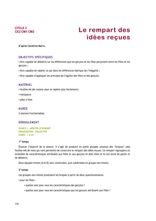 Le rempart des
idées reçues
D’après Cendrine Marro.
OBJECTIFS SPÉCIFIQUES
▪ être capable de débattre sur les différences que les garçons et les filles perçoivent entre les filles et les
garçons ;
▪ être capable de repérer ce qui dans les différences fabrique de l’inégalité ;
▪ être capable d’appliquer les principes de l’égalité des filles et des garçons.
MATÉRIEL
▪ feuilles A4 (de couleur pour se repérer plus facilement)
▪ marqueurs
▪ pâte à fixer
DURÉE
2 séances fractionnables
DÉROULEMENT
SÉANCE 1 : MONTER LE REMPART
ORGANISATION : COLLECTIVE
DURÉE : 1 À 2H
1er
temps
Énoncer l’objectif de la séance. Il s’agit de produire en petits groupes unisexes des “briques” (des
feuilles A4) de mots qui vont permettre de construire le rempart des idées reçues. Ce rempart regroupera un
ensemble de caractéristiques attribuées aux filles et aux garçons et dont elles et ils ont envie de parler et
de débattre.
Deux équipes mixtes (A et B) sont constituées, puis subdivisées en groupe non-mixtes.
2e
temps
Les groupes non-mixtes produisent les briques à partir de deux questionnements.
▪ pour les filles :
▪ quelles sont pour vous les caractéristiques des garçons ?
▪ quelles sont pour vous les caractéristiques que les garçons attribuent aux filles ?
110
CYCLE 3
CE2 CM1 CM2
 