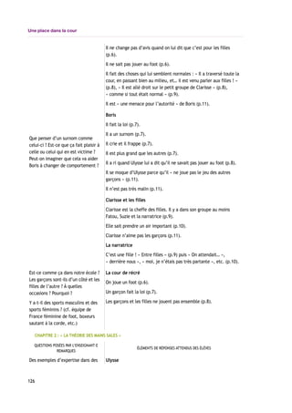 Une place dans la cour
Il ne change pas d’avis quand on lui dit que c’est pour les filles
(p.6).
Il ne sait pas jouer au foot (p.6).
Il fait des choses qui lui semblent normales : « Il a traversé toute la
cour, en passant bien au milieu, et… il est venu parler aux filles ! »
(p.8), « Il est allé droit sur le petit groupe de Clarisse » (p.8),
« comme si tout était normal » (p.9).
Il est « une menace pour l’autorité » de Boris (p.11).
Que penser d’un surnom comme
celui-ci ? Est-ce que ça fait plaisir à
celle ou celui qui en est victime ?
Peut-on imaginer que cela va aider
Boris à changer de comportement ?
Boris
Il fait la loi (p.7).
Il a un surnom (p.7).
Il crie et il frappe (p.7).
Il est plus grand que les autres (p.7).
Il a ri quand Ulysse lui a dit qu’il ne savait pas jouer au foot (p.8).
Il se moque d’Ulysse parce qu’il « ne joue pas le jeu des autres
garçons » (p.11).
Il n’est pas très malin (p.11).
Clarisse et les filles
Clarisse est la cheffe des filles. Il y a dans son groupe au moins
Fatou, Suzie et la narratrice (p.9).
Elle sait prendre un air important (p.10).
Clarisse n’aime pas les garçons (p.11).
La narratrice
C’est une fille ! « Entre filles » (p.9) puis « On attendait… »,
« derrière nous », « moi, je n’étais pas très partante », etc. (p.10).
Est-ce comme ça dans notre école ?
Les garçons sont-ils d’un côté et les
filles de l’autre ? À quelles
occasions ? Pourquoi ?
Y a-t-il des sports masculins et des
sports féminins ? (cf. équipe de
France féminine de foot, boxeurs
sautant à la corde, etc.)
La cour de récré
On joue un foot (p.6).
Un garçon fait la loi (p.7).
Les garçons et les filles ne jouent pas ensemble (p.8).
CHAPITRE 2 : « LA THÉORIE DES MAINS SALES »
QUESTIONS POSÉES PAR L’ENSEIGNANT-E
REMARQUES
ÉLÉMENTS DE RÉPONSES ATTENDUS DES ÉLÈVES
Des exemples d’expertise dans des Ulysse
126
 
