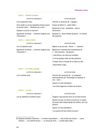 Philomène m’aime
ÉTAPE 5 : « PROSPER LAGUIGNE »
ACTIVITÉ DE L’ENSEIGNANT-E ACTIVITÉ DES ÉLÈVES
Lire le quatrième texte.
Faire valider ou non les hypothèses émises à partir
du premier texte : « Philomène est à vélo ! »
Expliquer ce qu’est un oxymore26
.
Questionner les élèves : « Comment imaginez-vous
l’illustration ? ».
Chercher un synonyme de « Laguigne ».
Essayer de définir le « public fidèle ».
Rechercher le mot « bombardon » dans le
dictionnaire.
Expliquer la « douce mélodie grinçante » et inventer
des oxymores.
ÉTAPE 6 : « RAOUL POIRIER »
ACTIVITÉ DE L’ENSEIGNANT-E ACTIVITÉ DES ÉLÈVES
Lire le cinquième texte.
Questionner les élèves : « Comment imaginez-vous
l’illustration ? ».
Repérer le jeu de mots « Poirier » / « pommes ».
Répertorier l’ensemble des manifestations de
l’ « état amoureux » des garçons :
▪ Jules Biclou a les mains qui tremblent.
▪ Il arrive quelque chose aux deux pêcheurs.
▪ Prosper aime la musique de la chaîne du vélo.
▪ Raoul Poirier rougit.
ÉTAPE 7 : « LES FRÈRES LASSERRE »
ACTIVITÉ DE L’ENSEIGNANT-E ACTIVITÉ DES ÉLÈVES
Lire le sixième texte. Chercher des synonymes de « se castagnent »
(éventuellement par l’étymologie) et expliquer le
mot « trève ».
Ajouter à la liste précédente :
▪ Les frères bagarreurs arrêtent de se battre.
ÉTAPE 8 : « LE FOOT »
ACTIVITÉ DE L’ENSEIGNANT-E ACTIVITÉ DES ÉLÈVES
Lire les septième et huitième textes. Imaginer à quoi peuvent servir les six bouts de bois.
Dessiner les buts. Se mettre d’accord sur le nombre
de joueurs dans chaque équipe (six mollets, soit trois
joueurs).
Ajouter à la liste précédente :
▪ Les joueurs de foot arrêtent de jouer !
26 Quelques exemples d’oxymores : « un silence assourdissant », « elle se hâte avec lenteur », « jeune
vieillard », « une sublime horreur », « un minuscule infini », « sa belle figure laide ».
145
 