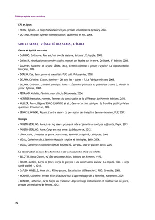 Bibliographie pour adultes
EPS et Sport
▪ FEREZ, Sylvain, Le corps homosexuel en-jeu, presses universitaires de Nancy, 2007.
▪ LIOTARD, Philippe, Sport et homosexualités, Quasimodo et fils, 2008.
SUR LE GENRE, L’ÉGALITÉ DES SEXES, L’ÉCOLE
Genre et égalité des sexes
▪ CARNINO, Guillaume, Pour en finir avec le sexisme, éditions L’Échappée, 2005.
▪ Collectif, Introduction aux gender studies, manuel des études sur le genre, De Boeck, 1re
édition, 2008.
▪ DAUPHIN, Sandrine et Réjane SÉNAC (dir.), Femmes-hommes : penser l’égalité, La Documentation
française, 2012.
▪ DORLIN, Elsa, Sexe, genre et sexualités, PUF, coll. Philosophies, 2008.
▪ DELPHY, Christine, Classer, dominer – Qui sont les « autres » ?, La Fabrique éditions, 2008.
▪ DELPHY, Christine, L’ennemi principal. Tome 1, Économie politique du patriarcat ; tome 2, Penser le
genre, Syllepse, 2008.
▪ FERRAND, Michèle, Féminin, masculin, La Découverte, 2004.
▪ HERITIER Françoise, Hommes, femmes : la construction de la différence, Le Pommier éditions, 2010.
▪ MULLER, Pierre, Réjane SÉNAC-SLAWINSKI et al., Genre et action publique : la frontière public-privé en
questions, L’Harmattan, 2009.
▪ SÉNAC-SLAWINSKI, Réjane, L’ordre sexué – La perception des inégalités femmes-hommes, PUF, 2007.
Biologie
▪ FAUSTO-STERLING, Anne, Les cinq sexes : pourquoi mâle et femelle ne sont pas suffisants, Payot, 2013.
▪ FAUSTO-STERLING, Anne, Corps en tout genre, La Découverte, 2012.
▪ LÖWY, Ilana, L’emprise de genre. Masculinité, féminité, inégalité, La Dispute, 2006.
▪ VIDAL, Catherine (dir.), Féminin Masculin : Mythe et idéologies, Belin, 2006.
▪ VIDAL, Catherine et Dorothée BENOIT-BROWAEYS, Cerveau, sexe et pouvoir, Belin, 2005.
La construction sociale de la féminité et de la masculinité chez les enfants
▪ BELOTTI, Elena Gianini, Du côté des petites filles, éditions des Femmes, 1973.
▪ COURT, Martine, Corps de filles, corps de garçons : une construction sociale, La Dispute, coll. « Corps
santé société », 2010.
▪ DAFLON NOVELLE, Anne (dir.), Filles-garçons, Socialisation différenciée ?, PUG, Grenoble, 2006.
▪ MONNOT, Catherine, Petites filles d’aujourd’hui. L’apprentissage de la féminité, Autrement, 2009.
▪ MONNOT, Catherine, De la harpe au trombone. Apprentissage instrumental et construction du genre,
presses universitaires de Rennes, 2012.
172
 