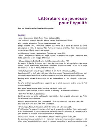 Littérature de jeunesse
pour l’égalité
Pour une éducation anti-sexiste et anti-homophobe.
FAMILLE
▪ Jean a deux mamans, Ophélie Texier, L’école des Loisirs, 2004.
Jean est un petit louveteau. Il vit avec ses deux mamans, deux louves qui s’aiment.
▪ Dis… mamans, Muriel Douru, Éditions gaies et lesbiennes, 2003.
Lorsque madame Lucie, l’institutrice, demande aux enfants de la classe de dessiner leur arbre
généalogique, la voisine de classe de Théo, Pauline, se moque de sa famille… Théo a deux mamans et
une petite sœur ! Quelle histoire « pas possible » !
▪ J’ai 2 papas qui s’aiment, Morgane David, Éthique et toc ! Hatier, 2007.
Titouan a deux papas qui s’aiment, ce n’est pas courant. Il va devoir le faire accepter à ses copains. Mais
toutes les familles ne sont-elles pas différentes ?
▪ L’heure des parents, Christian Bruel et Nicole Claveloux, éditions Être, 1999.
Les parents de Camille deviennent tour à tour des explorateurs, des altermondialistes, des agents
secrets… ils sont deux hommes, deux femmes, monoparent ou toute une bande… ils sont tout le temps
les mêmes ou il ou elle en change pendant les vacances.
▪ Milly, Molly et toutes sortes de papas, Gill Pittar, ill. Cris Morrel, Éditions Auzou, 2002.
La collection Milly et Molly a été créée dans le but de promouvoir l’acceptation de la différence, pour
une nouvelle approche du civisme et de la responsabilité individuelle. Admettre la diversité familiale.
▪ Mommy, Mama, and Me et Daddy, Papa, and Me, Lesléa Newman, ill.Carol Thompson, Tricycle press,
2009.
Ce qu’on peut faire au quotidien avec ses parents que ce soient deux mères ou deux pères. Et c’est
tellement agréable.
▪ Ma Maman, Rascal et Emile Jadoul, coll.Pastel, l’école des Loisirs, 2000.
Ma maman n’aime ni tricoter, ni faire la vaisselle, ni le ménage… Ma maman est formidable !
▪ Série Petit Ours Brun, ill. Danièle Bour.
La série présente une famille traditionnelle, mais Petit Ours Brun est plutôt poltron alors que Petite
Ourse Rousse se montre intrépide.
▪ Bonjour, Au revoir et autres titres, Jeanne Ashbé, L’école des Loisirs, coll. Lutin poche, 1993, 1998.
Deux titres d’une série de six petits livres sur les bébés.
▪ C’est un papa, Rascal, ill. Louis Joos, L’école des Loisirs, coll. Lutin poche, 2005.
C’est l’histoire d’un papa qui ne voit ses enfants que de temps en temps. L’album s’ouvre sur un puzzle
éclaté, que l’on essaie de reconstituer comme ces familles divorcées qui tentent de composer entre le
père et la mère et parfois les nouveaux compagnons de leurs parents.
▪ Marius, Latifa Alaoui M., ill. Stéphane Poulin, éditions L’atelier du poisson soluble, 2001.
Les parents de Marius se sont séparés et « maintenant maman a un amoureux et mon papa aussi ». Cet
album parle d’amour et de tolérance. Mamie ne comprend pas au début, ni la maîtresse quand Marius dit
177
 