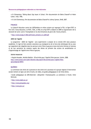 Ressources pédagogiques nationales ou internationales
▪ It’s Elementary: Talking About Gay Issues in School, film documentaire de Debra Chasnoff et Helen
Cohen, 1h20, 1996.
▪ It’s Still Elementary, film documentaire de Debra Chasnoff et Johnny Symons, 0h48, 2007.
FRANCE
Le Collectif éducation contre les LGBTphobies en milieu scolaire qui regroupe la FSU, le Sgen-CFDT, la
Ferc-CGT, l’Unsa-éducation, la FCPE, l’UNL, la FIDL et la Fep-CFDT a élaboré en 2009 un argumentaire De la
nécessité de lutter contre l’homophobie et les discriminations de genre dès l’école primaire.
▪ http://www.snuipp.fr/IMG/pdf/Ecole_primaire_et_LGBT.pdf
ABCD de l’égalité
Le programme « ABCD de l’égalité » sera expérimenté à compter de la rentrée 2013 dans plusieurs
académies. Il s’agit de faire prendre conscience aux enseignant-es de la force des stéréotypes liés au sexe
qui engendrent des inégalités dans les parcours entre filles et garçons et plus tard entre femmes et hommes
et de leur permettre de conduire auprès des élèves de primaire des actions de sensibilisation et
d’apprentissage de l’égalité entre filles et garçons.
Autres ressources
▪ Virginie Houadec, Michèle Babillot : 50 activités pour l’égalité filles/garçons, Scérén, 2008.
http://www.sceren.com/cyber-librairie-cndp.aspx?l=50-activites-pour-l-egalite-filles-
garcons&prod=48751
QUÉBEC
La commission des droits de la personne et des droits de la jeunesse et le groupe régional d’intervention
sociale mettent en ligne une série d’outils, de vidéos, de guides pédagogiques et de fiches élèves.
▪ Guide pédagogique du GRIS-Montréal : démystifier l’homosexualité, ça commence à l’école, Irène
Demczuk.
▪ http://www.cdpdj.qc.ca/
▪ http://www.grisquebec.org/
▪ http://www.gris.ca/
188
 