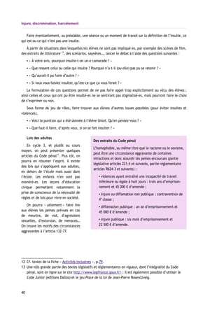 Injure, discrimination, harcèlement
Faire éventuellement, au préalable, une séance ou un moment de travail sur la définition de l’insulte, ce
qui est ou ce qui n’est pas une insulte.
À partir de situations dans lesquelles les élèves ne sont pas impliqué-es, par exemple des scènes de film,
des extraits de littérature 12
, des scénarios, saynètes…, lancer le débat à l’aide des questions suivantes :
▪ « À votre avis, pourquoi insulte-t-on un-e camarade ? »
▪ « Que ressent celui ou celle qui insulte ? Pourquoi n’a-t-il (ou elle) pas pu se retenir ? »
▪ « Qu’aurait-il pu faire d’autre ? »
▪ « Si vous vous faisiez insulter, qu’est-ce que ça vous ferait ? »
La formulation de ces questions permet de ne pas faire appel trop explicitement au vécu des élèves ;
ainsi celles et ceux qui ont pu être insulté-es ne se sentiront pas stigmatisé-es, mais pourront faire le choix
de s’exprimer ou non.
Sous forme de jeu de rôles, faire trouver aux élèves d’autres issues possibles (pour éviter insultes et
violences).
▪ « Voici la punition qui a été donnée à l’élève Untel. Qu’en pensez-vous ? »
▪ « Que faut-il faire, d’après vous, si on se fait insulter ? »
Lois des adultes
En cycle 3, et plutôt au cours
moyen, on peut présenter quelques
articles du Code pénal13
. Plus tôt, on
pourra en résumer l’esprit. Il existe
des lois qui s’appliquent aux adultes,
en dehors de l’école mais aussi dans
l’école. Les enfants n’en sont pas
exonéré-es. Les leçons d’éducation
civique permettent notamment la
prise de conscience de la nécessité de
règles et de lois pour vivre en société.
On pourra « utilement » faire lire
aux élèves les peines prévues en cas
de meurtre, de viol, d’agressions
sexuelles, d’extorsion, de menaces…
On trouve les motifs des circonstances
aggravantes à l’article 132-77.
12 Cf. textes de la fiche « Activités inclusives », p.79.
13 Une très grande partie des textes législatifs et réglementaires en vigueur, dont l’intégralité du Code
pénal, sont en ligne sur le site http://www.legifrance.gouv.fr/ ; il est également possible d’utiliser le
Code Junior (éditions Dalloz) et le jeu Place de la loi de Jean-Pierre Rosenczveig.
40
Des extraits du Code pénal
L’homophobie, au même titre que le racisme ou le sexisme,
peut être une circonstance aggravante de certaines
infractions et donc alourdir les peines encourues (partie
législative articles 221-4 et suivants, partie réglementaire
articles R624-3 et suivants) :
▪ violences ayant entraîné une incapacité de travail
inférieure ou égale à huit jours : trois ans d’emprison-
nement et 45 000 € d’amende ;
▪ injure ou diffamation non publique : contravention de
4e
classe ;
▪ diffamation publique : un an d’emprisonnement et
45 000 € d’amende ;
▪ injure publique : six mois d’emprisonnement et
22 500 € d’amende.
 
