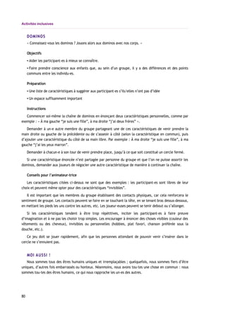 Activités inclusives
DOMINOS
« Connaissez-vous les dominos ? Jouons alors aux dominos avec nos corps. »
Objectifs
▪ Aider les participant-es à mieux se connaître.
▪ Faire prendre conscience aux enfants que, au sein d’un groupe, il y a des différences et des points
communs entre les individu-es.
Préparation
▪ Une liste de caractéristiques à suggérer aux participant-es s’ils/elles n’ont pas d’idée
▪ Un espace suffisamment important
Instructions
Commencer soi-même la chaîne de dominos en énonçant deux caractéristiques personnelles, comme par
exemple : « À ma gauche “je suis une fille”, à ma droite “j’ai deux frères” ».
Demander à un-e autre membre du groupe partageant une de ces caractéristiques de venir prendre la
main droite ou gauche de la précédente ou de s’asseoir à côté (selon la caractéristique en commun), puis
d’ajouter une caractéristique du côté de sa main libre. Par exemple : À ma droite “je suis une fille”, à ma
gauche “j’ai les yeux marron”.
Demander à chacun-e à son tour de venir prendre place, jusqu’à ce que soit constitué un cercle fermé.
Si une caractéristique énoncée n’est partagée par personne du groupe et que l’on ne puisse assortir les
dominos, demander aux joueurs de négocier une autre caractéristique de manière à continuer la chaîne.
Conseils pour l’animateur-trice
Les caractéristiques citées ci-dessus ne sont que des exemples : les participant-es sont libres de leur
choix et peuvent même opter pour des caractéristiques “invisibles”.
Il est important que les membres du groupe établissent des contacts physiques, car cela renforcera le
sentiment de groupe. Les contacts peuvent se faire en se touchant la tête, en se tenant bras dessus-dessous,
en mettant les pieds les uns contre les autres, etc. Les joueur-euses peuvent se tenir debout ou s’allonger.
Si les caractéristiques tendent à être trop répétitives, inciter les participant-es à faire preuve
d’imagination et à ne pas les choisir trop simples. Les encourager à énoncer des choses visibles (couleur des
vêtements ou des cheveux), invisibles ou personnelles (hobbies, plat favori, chanson préférée sous la
douche, etc.).
Ce jeu doit se jouer rapidement, afin que les personnes attendant de pouvoir venir s’insérer dans le
cercle ne s’ennuient pas.
MOI AUSSI !
Nous sommes tous des êtres humains uniques et irremplaçables ; quelquefois, nous sommes fiers d’être
uniques, d’autres fois embarrassés ou honteux. Néanmoins, nous avons tou-tes une chose en commun : nous
sommes tou-tes des êtres humains, ce qui nous rapproche les un-es des autres.
80
 