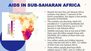 AIDS IN SUB-SAHARAN AFRICA
• Despite the fact that sub-Saharan Africa
contains only about 11 percent of the
Earth’s population, the region is the world’s
epicenter of HIV/AIDS.
• The numbers are daunting. Adult HIV
prevalence is 1.2 percent worldwide (0.6
percent in North America), but it is 9.0
percent in sub-Saharan Africa.
• UNAIDS estimates that at the end of 2001,
there were 40 million people living with
HIV/AIDS, 28.5 million of them from sub-
Saharan African.
• Five million adults and children became
newly infected with HIV in 2001, 3.5 million
of them from sub-Saharan Africa.
• Three million people died from AIDS-
related causes in 2001, and 2.2 million of
12
 