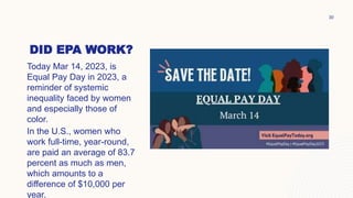 DID EPA WORK?
Today Mar 14, 2023, is
Equal Pay Day in 2023, a
reminder of systemic
inequality faced by women
and especially those of
color.
In the U.S., women who
work full-time, year-round,
are paid an average of 83.7
percent as much as men,
which amounts to a
difference of $10,000 per
year.
30
 