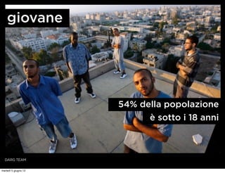 giovane




                      54% della popolazione
                            è sotto i 18 anni



  DARG TEAM


martedì 5 giugno 12
 