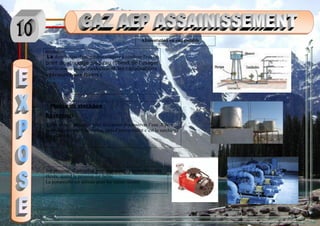 Alimentation en eau potable
Introduction :
La distribution d'eau potable consiste à conduire l'eau du
point de stockage jusqu'au robinet de l'usager
par le réseau public d'adduction et les canalisations
intérieures aux foyers (partie privée du
réseau
Modes de stockage
Réservoir:
C’est un lieu aménagé pour accumuler et conserver l’eau .Il peut
avoir des réservoirs surélevés, mais l’inconvénient c’est la surcharge
des planchers
Sur presseur: il est utilisé pour alimenter les immeubles très
élevés, quand la pression est faible.
La pompe:elle est utilisée pour les même raisons
 