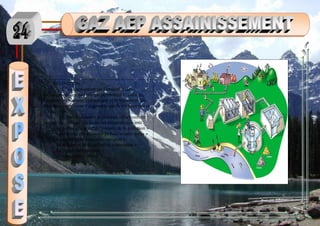 DEFINITION :
L’assainissement est l’ensemble des
techniques et des moyens qui permettent la collecte,
l’évacuation par voie hydraulique et le traitement des
déchets « eaux usées » engendrés par la vie humaine et
ses activités.
L’assainissement se présente effectivement
comme un système qui inclut les éléments suivants :
_ Le pollueur « point d’émission de la pollution »
_ La collecte des effluents pollués « eaux usées »
_ Le transfert de ceux-ci « transport »
_ La réduction de la pollution « épuration »
_ Le rejet « déversement »
_ Le réceptacle naturel.
 