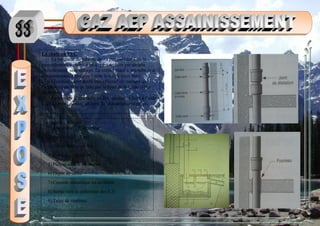 La chute en PVC
La longueur du tube ne devra pas excéder 3 m. le
raccordement de tube à tube peut se faire par simple
emboîtement, sans collage. La collier placé à mi-tube doit
être coulissant, celui placé sous la tulipe étant serré.
L’emboîtement devra être effectué de manière que
l’extrémité du tube ne bute pas le fond de la tulipe (libre
dilatation)
La traverse d’une dalle en BA devrait se faire à l’aide
d’un fourreau, si non, un joint de dilatation sera prévu.
Le regard « dépotoir » :
1) descente d’EP extérieur
2) dauphin (H = 1 m)
3) Séparation amovible
4) Couvercle de visite
5) Plaque scellée au mortier
6) Dépôt de sable
7) Console métallique ou en béton
8) Sortie vers le collecteur des E.U
9) Talus de remblais
 