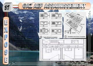 Les cuisines :
• *les éviers de cuisine : sont
habituellement en acier
inoxydable, ou tout autre matière
qui supporte les attaque chimiques
des produits nettoyants
• * la ventilation : c’est un
élément important de confort de la
cuisine
• Ici un exemple d’installation pour
salle de bain, W.C séparé et
cuisine. La largeur minimale de la
gaine est de 20 à 22 cm. Et sur les
extrémités on réserve des gaines
pour le chauffage, la ventilation ou
les chutes des E.P.
 