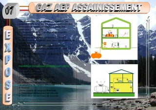 Les réservoirs GPL enterrés : Concernant les
réservoirs GPL enterrés, les distances peuvent être
diminuées de moitié par rapport à celles des
réservoirs GPL aériens.
0 : Coupure générale (1er organe de coupure)
1 : Détenteur (1,5 bar)
2 : Limiteur de pression obligatoire (1,75 bar)
3 : Joint isolant obligatoire pour deux canalisations de
métaux différents
4 : Robinet (2e organe de coupure éventuel)
5 : Détenteur déclencheur de sécurité 37 mbar – 1,3
kg/h classe I
6 : Détendeur déclencheur de sécurité 37 mbar – 4
kg/h classe II
Installation domestique alimentée par citerne
0• Coupure générale
(1er organe de coupure)
1• Détendeur (1,5 bar)
2• Limiteur de pression obligatoire
(1,75 bar)
3• Joint isolant obligatoire pour deux
canalisations de métaux différents
4• Robinet
(2ème organe de coupure éventuel)
5• Détendeur déclencheur de sécurité
6• Détendeur déclencheur de sécurité
 