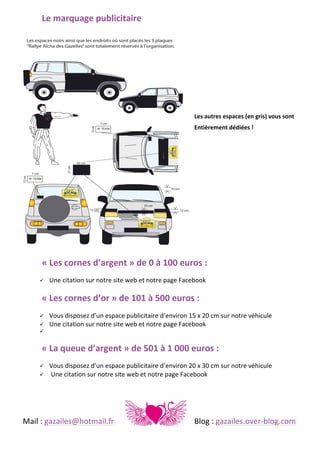 Le	
  marquage	
  publicitaire	
  
	
  
	
  
	
  
	
  
	
  
	
  
	
  
	
  

	
  

	
  

	
  

	
  

	
  

	
  

	
  

Les	
  autres	
  espaces	
  (en	
  gris)	
  vous	
  sont	
  

	
  

	
  

	
  

	
  

	
  

	
  

	
  

	
  

Entièrement	
  dédiées	
  !	
  

	
  
	
  
	
  
	
  
	
  
	
  
	
  
	
  
	
  
	
  
	
  

«	
  Les	
  cornes	
  d’argent	
  »	
  de	
  0	
  à	
  100	
  euros	
  :
!

Une	
  citation	
  sur	
  notre	
  site	
  web	
  et	
  notre	
  page	
  Facebook	
  

«	
  Les	
  cornes	
  d’or	
  »	
  de	
  101	
  à	
  500	
  euros	
  :
!
!
!

Vous	
  disposez	
  d’un	
  espace	
  publicitaire	
  d’environ	
  15	
  x	
  20	
  cm	
  sur	
  notre	
  véhicule	
  
Une	
  citation	
  sur	
  notre	
  site	
  web	
  et	
  notre	
  page	
  Facebook	
  

«	
  La	
  queue	
  d’argent	
  »	
  de	
  501	
  à	
  1	
  000	
  euros	
  :
!
!

Vous	
  disposez	
  d’un	
  espace	
  publicitaire	
  d’environ	
  20	
  x	
  30	
  cm	
  sur	
  notre	
  véhicule
	
  Une	
  citation	
  sur	
  notre	
  site	
  web	
  et	
  notre	
  page	
  Facebook	
  

	
  
Mail	
  :	
  gazailes@hotmail.fr	
   	
  

	
  

	
  

	
  

	
  

Blog	
  :	
  gazailes.over-­‐blog.com	
  

 