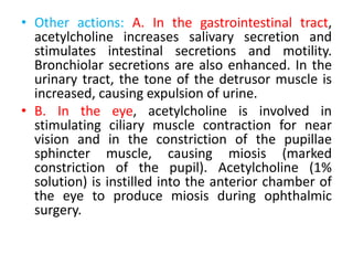 • Other actions: A. In the gastrointestinal tract,
acetylcholine increases salivary secretion and
stimulates intestinal secretions and motility.
Bronchiolar secretions are also enhanced. In the
urinary tract, the tone of the detrusor muscle is
increased, causing expulsion of urine.
• B. In the eye, acetylcholine is involved in
stimulating ciliary muscle contraction for near
vision and in the constriction of the pupillae
sphincter muscle, causing miosis (marked
constriction of the pupil). Acetylcholine (1%
solution) is instilled into the anterior chamber of
the eye to produce miosis during ophthalmic
surgery.
 