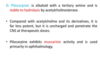 D. Pilocarpine: is alkaloid with a tertiary amine and is
stable to hydrolysis by acetylcholinesterase.
• Compared with acetylcholine and its derivatives, it is
far less potent, but it is uncharged and penetrate the
CNS at therapeutic doses.
• Pilocarpine exhibits muscarinic activity and is used
primarily in ophthalmology.
 
