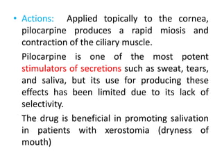 • Actions: Applied topically to the cornea,
pilocarpine produces a rapid miosis and
contraction of the ciliary muscle.
Pilocarpine is one of the most potent
stimulators of secretions such as sweat, tears,
and saliva, but its use for producing these
effects has been limited due to its lack of
selectivity.
The drug is beneficial in promoting salivation
in patients with xerostomia (dryness of
mouth)
 