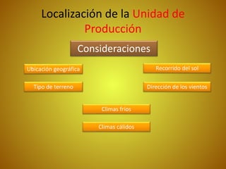 Localización de la Unidad de
Producción
Consideraciones
Dirección de los vientos
Recorrido del solUbicación geográfica
Tipo de terreno
Climas fríos
Climas cálidos
 