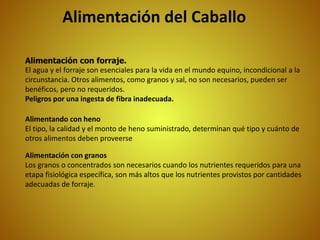 Alimentación del Caballo
Alimentación con forraje.
El agua y el forraje son esenciales para la vida en el mundo equino, incondicional a la
circunstancia. Otros alimentos, como granos y sal, no son necesarios, pueden ser
benéficos, pero no requeridos.
Peligros por una ingesta de fibra inadecuada.
Alimentando con heno
El tipo, la calidad y el monto de heno suministrado, determinan qué tipo y cuánto de
otros alimentos deben proveerse
Alimentación con granos
Los granos o concentrados son necesarios cuando los nutrientes requeridos para una
etapa fisiológica específica, son más altos que los nutrientes provistos por cantidades
adecuadas de forraje.
 