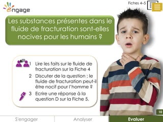 10
1 Lire les faits sur le fluide de
fracturation sur la Fiche 4
2 Discuter de la question : le
fluide de fracturation peut-il
être nocif pour l’homme ?
3 Ecrire une réponse à la
question D sur la Fiche 5.
Analyser
Les substances présentes dans le
fluide de fracturation sont-elles
nocives pour les humains ?
EvaluerS'engager
Fiches 4–5
 