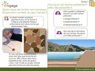 Fiches apprenants
Fiche 1
Quels types de roches sont poreuses
et peuvent contenir du gaz naturel ?
 Laisser tomber quelques
gouttes d’eau sur la roche à
l’aide d’une pipette Pasteur.
 Donner le nom de la roche qui
laisse passer l’eau.
Si l’eau pénètre dans la roche,
cela veut dire que la roche est
poreuse. Elle a donc des creux,
appelés pores, entre les grains.
L’eau, l’air, l’huile ou le gaz naturel
peuvent se trouver dans les pores.
Pourquoi ces roches présentent-
elles des porosités ?
Dans quelles catégories
trouve-t-on des roches
poreuses :
 Magmatiques ?
 Sedimentaires ?
 Metamorphiques ?
Discuter de la formation
de ces roches. Pourquoi
sont-elles poreuses ?
 