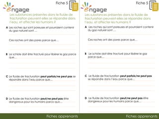 Fiches apprenantsFiches apprenants
Fiche 5
Les substances présentes dans le fluide de
fracturation peuvent-elles se répandre dans
l’eau, et affecter les humains ?
Fiche 5
A Les roches qui sont poreuses et pourraient contenir
du gaz naturel sont …
Ces roches ont des pores parce que…
B Le schiste doit être fracturé pour libérer le gaz parce
que…
C Le fluide de fracturation peut parfois/ne peut pas se
répandre dans l’eau parce que…
D Le fluide de fracturation peut/ne peut pas être
dangereux pour les humains parce que…
Les substances présentes dans le fluide de
fracturation peuvent-elles se répandre dans
l’eau, et affecter les humains ?
A Les roches qui sont poreuses et pourraient contenir
du gaz naturel sont …
Ces roches ont des pores parce que…
B Le schiste doit être fracturé pour libérer le gaz
parce que…
C Le fluide de fracturation peut parfois/ne peut pas
se répandre dans l’eau parce que…
D Le fluide de fracturation peut/ne peut pas être
dangereux pour les humains parce que…
 