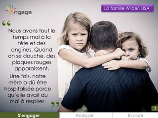 2
Analyser EvaluerS’engager
La famille Wilder, USA
Nous avons tout le
temps mal à la
tête et des
angines. Quand
on se douche, des
plaques rouges
apparaissent.
“
Une fois, notre
mère a dû être
hospitalisée parce
qu’elle avait du
mal à respirer.
“
2
 