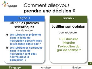 7
Comment allez-vous
prendre une décision ?
L’UE doit-elle
interdire
l’extraction du
gaz de schiste ?
Leçon 2
Justifier son opinion
pour répondre :
Analyser EvaluerS'engager
Leçon 1
Utiliser les preuves
scientifiques
pour répondre :
a Les substances présentes
dans le fluide de
fracturation peuvent-elles
se répandre dans l’eau ?
b Les substances contenues
dans le fluide de
fracturation sont-elles
nocives pour la
population ?
 