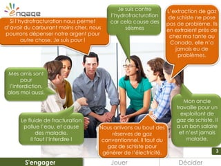 3
Si l’hydrofracturation nous permet
d’avoir du carburant moins cher, nous
pourrons dépenser notre argent pour
autre chose. Je suis pour !
Le fluide de fracturation
pollue l’eau, et cause
des maladie.
Il faut l’interdire !
Mes amis sont
pour
l’interdiction,
alors moi aussi.
Nous arrivons au bout des
réserves de gaz
conventionnel. Il faut du
gaz de schiste pour
générer de l’électricité.
Jouer DéciderS'engager
Mon oncle
travaille pour un
exploitant de
gaz de schiste. Il
a un bon salaire
et n’est jamais
malade.
Je suis contre
l’hydrofracturation
car cela cause des
séismes
L’extraction de gaz
de schiste ne pose
pas de problème. Ils
en extraient près de
chez ma tante au
Canada, elle n’a
jamais eu de
problèmes.
 