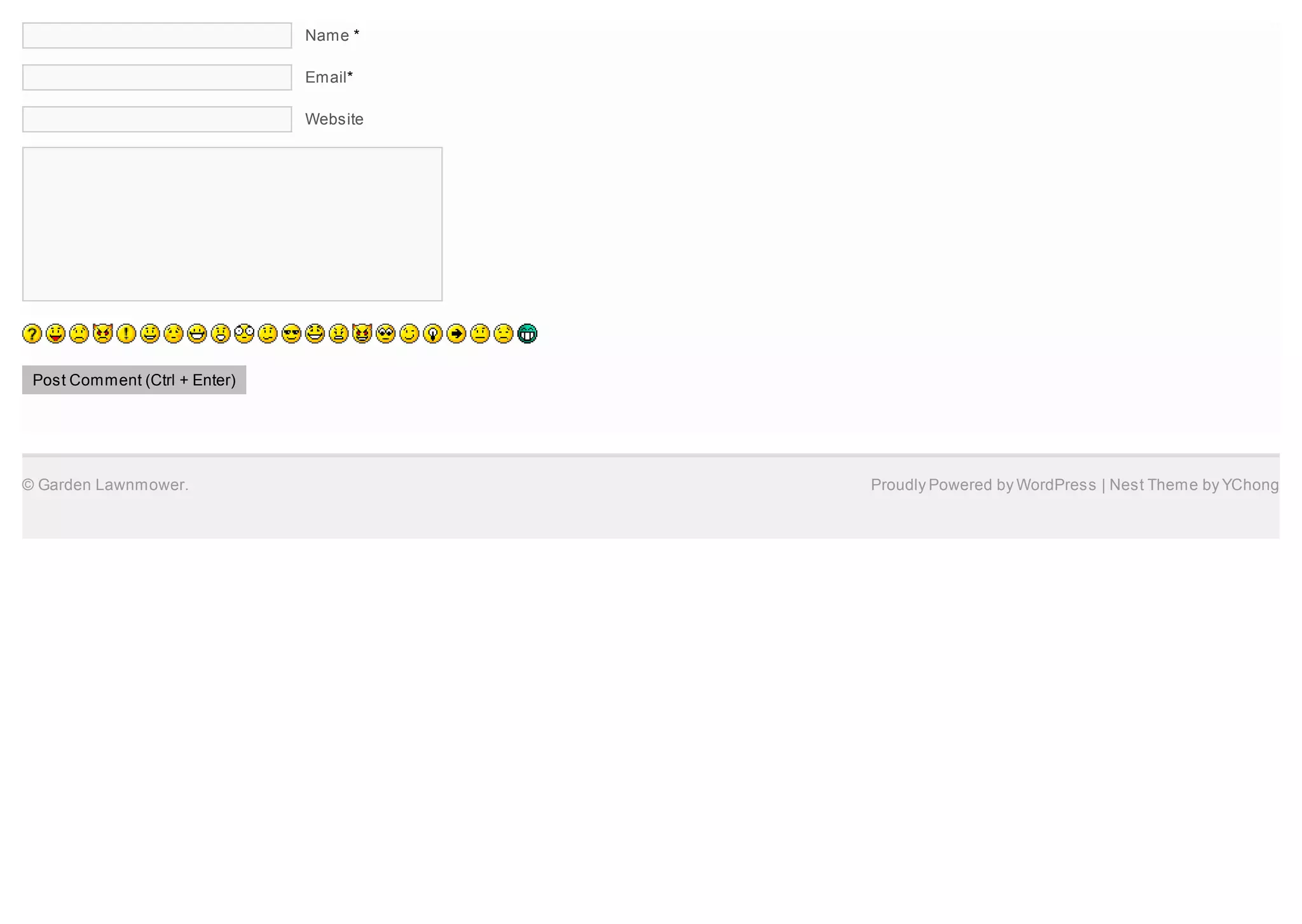 Name *

                               Email*

                               Website




 Post Comment (Ctrl + Enter)




© Garden Lawnmower.                      Proudly Powered by WordPress | Nest Theme by YChong
 
