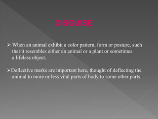 DISGUISE
 When an animal exhibit a color pattern, form or posture, such
that it resembles either an animal or a plant or sometimes
a lifeless object.
Deflective marks are important here, thought of deflecting the
animal to more or less vital parts of body to some other parts.
 