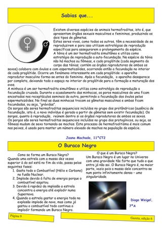 Sabias que...

                               Existem diversas espécies de animais hermafroditas, isto é, que
                               apresentam órgãos sexuais masculinos e femininos, produzindo os
                               dois tipos de gâmetas.
                               Estes seres vivos, como todos os outros, têm a necessidade de se
                               reproduzirem e para isso utilizam estratégias de reprodução
                               específicas para assegurarem o prolongamento da espécie.
                               A ténia é um ser hermafrodita simultâneo e utiliza como
                               estratégia de reprodução a auto-fecundação. Na espécie da ténia
                               não há machos ou fêmeas, e cada proglótide (cada segmento do
                               corpo das ténias; contém os órgãos reprodutores de ambos os
sexos) colabora com óvulos e com espermatozóides, ocorrendo então a fecundação no interior
de cada proglótide. Ocorre um fenómeno interessante em cada proglótide: o aparelho
reprodutor masculino forma-se antes do feminino. Após a fecundação, o aparelho desaparece
por completo, deixando todo o espaço no interior do proglótide para a formação e maturação dos
ovos.
A minhoca é um ser hermafrodita simultâneo e utiliza como estratégia de reprodução a
fecundação cruzada. Durante o acasalamento das minhocas, os poros masculinos de uma ficam
encostados nos receptáculos seminais da outra, permitindo a fecundação dos óvulos pelos
espermatozóides. No final as duas minhocas trocam os gâmetas masculinos e ambas ficam
fecundadas, ou seja, “grávidas”.
Os sargos são seres hermafroditas sequenciais incluídos no grupo dos protândricos (ausência de
fecundação, isto é, o novo indivíduo é gerado a partir de gâmetas sem existir fecundação). Os
sargos, quanto à reprodução, reúnem dentro si os órgãos reprodutores de ambos os sexos.
Os pargos são seres hermafroditas sequenciais incluídos no grupo dos protogínicos, ou seja, as
fêmeas mudam de sexo tornando-se machos. Este processo de hermafroditismo é mais comum
nos peixes, é usado para manter um número elevado de machos na população da espécie.


                                       Joana Machado, 11ºCT2

                                 O Buraco Negro
                                                            O que é um Buraco Negro?
       Como se forma um Buraco Negro?
                                                     Um Buraco Negro é um lugar no Universo
Quando uma estrela com a massa dez vezes
                                                     com uma gravidade tão forte que tudo o que
superior à do sol está no fim da vida, passa pelas
                                                     entra já não sai. O Buraco Negro é, na maior
seguintes fases:
                                                     parte, vazio pois a massa dele concentra-se
   1. Gasta todo o Combustível (Hélio e Carbono)
                                                     num ponto infinitamente denso – uma
       na fusão Nuclear.
                                                     singularidade.
   2. Implode devido à falta de energia porque o
       combustível esgotou.
   3. Devido à rapidez da implosão a estrela
       concentra a energia até explodir numa
       Supernova.
   4. Quando a estrela gastar a energia toda na
                                                                                  Diogo Weigel,
       explosão implode de novo, mas como já
       gastou o combustível todo continua a                                      7ºA
       implodir formando um Buraco Negro.
 Página 9
                                                                                  Gazeta, edição 6
 