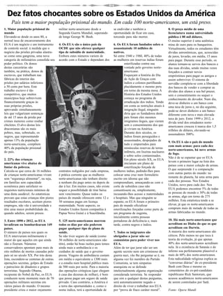Dez fatos chocantes sobre os Estados Unidos da América
     País tem a maior população prisional do mundo. Em cada 100 norte-americanos, um está preso.
1. Maior população prisional do          militar norte-americano desde a          se endividar e também a                     8. O preço médio de uma
mundo                                    Segunda Guerra Mundial, superando        oportunidade de ficar em casa,              licenciatura numa universidade
Elevando-se desde os anos 80, a          de longe George W. Bush.                 torcendo para não morrer.                   pública é 80 mil dólares.
surreal taxa de encarceramento dos                                                                                            O ensino superior é uma autêntica
EUA é um negócio e um instrumento        4. Os EUA são o único país da            6. Os EUA foram fundados sobre o            mina de ouro para os banqueiros.
de controle social: à medida que o       OCDE que não oferece qualquer            assassinatode 10 milhões de                 Virtualmente, todos os estudantes têm
negócio das prisões privadas alastra-    tipo de subsídio de maternidade.         nativos.                                    dívidas astronômicas, que, acrescidas
se como uma gangrena, uma nova           Embora estes números variem de           Só entre 1940 e 1980, 40% de todas          de juros, levarão, em média, 15 anos
categoria de milionários consolida seu   acordo com o Estado e dependam dos       as mulheres em reservas índias foram        para pagar. Durante esse período, os
poder político. Os donos                                                                   esterilizadas contra sua           alunos tornam-se servos dos bancos e
destas carcerárias são                                                                     vontade pelo governo norte-        das suas dívidas, sendo muitas vezes
também, na prática, donos de                                                               americano.                         forçados a contrair novos
escravos, que trabalham nas                                                                Esqueçam a história do Dia         empréstimos para pagar os antigos e
fábricas do interior das                                                                   de Ação de Graças com              assim sobreviver. O sistema de
prisões por salários inferiores                                                            índios e colonos partilhando       servidão completa-se com a liberdade
a 50 cents por hora. Este                                                                  placidamente o mesmo peru          dos bancos de vender e comprar as
trabalho escravo é tão                                                                     em torno da mesma mesa. A          dívidas dos alunos a seu bel prazer,
competitivo, que muitos                                                                    História dos Estados Unidos        sem o consentimento ou sequer o
municípios hoje sobrevivem                                                                 começa no programa de              conhecimento do devedor. Num dia,
financeiramente graças às                                                                  erradicação dos índios. Tendo      deve-se dinheiro a um banco com
suas próprias prisões,                                                                     em conta as restrições atuais à    uma taxa de juros e, no dia seguinte,
aprovando simultaneamente                                                                  imigração ilegal, ninguém          pode-se dever dinheiro a um banco
leis que vulgarizam sentenças                                                              diria que os fundadores deste      diferente com nova e mais elevada
de até 15 anos de prisão por                                                               país foram eles mesmos             taxa de juro. Entre 1999 e 2012, a
crimes menores como roubar                                                                 imigrantes ilegais, que vieram     dívida total dos estudantes norte-
chicletes. O alvo destas leis                                                              sem o consentimento dos que        americanos cresceu à marca dos 1,5
draconianas são os mais                                                                    já viviam na América.              trilhões de dólares, elevando-se
pobres, mas, sobretudo, os                                                                 Durante dois séculos, os           assustadores 500%.
negros, que representando                                                                  índios foram perseguidos e
apenas 13% da população                                                                    assassinados, despojados de
                                                                                                                              9. Os EUA são o país do mundo
norte-americana, compõem                                                                   tudo e empurrados para
                                                                                                                              com mais armas: para cada dez
40% da população prisional                                                                 minúsculas reservas de terras
                                                                                                                              norte-americanos, há nove armas
do país.                                                                                   inférteis, em lixeiras nucleares
                                                                                                                              de fogo.
                                                                                           e sobre solos contaminados.
                                                                                                                              Não é de se espantar que os EUA
2. 22% das crianças                                                                        Em pleno século XX, os EUA
                                                                                                                              levem o primeiro lugar na lista dos
americanas vive abaixo do                                                                  iniciaram um plano de
                                                                                                                              países com a maior coleção de armas.
limiar da pobreza.                                                                         esterilização forçada de
                                                                                                                              O que surpreende é a comparação
Calcula-se que cerca de 16 milhões       contratos redigidos por cada empresa,    mulheres índias, pedindo-lhes para
                                                                                                                              com outras partes do mundo: no
de crianças norte-americanas vivam       é prática corrente que as mulheres       colocar uma cruz num formulário
                                         norte-americanas não tenham direito                                                  restante do planeta, há uma arma para
sem “segurança alimentar”, ou seja,                                               escrito em idioma que não
em famílias sem capacidade               a nenhum dia pago antes ou depois de     compreendiam, ameaçando-as com o            cada dez pessoas. Nos Estados
econômica para satisfazer os             dar à luz. Em muitos casos, não existe   corte de subsídios caso não                 Unidos, nove para cada dez. Nos
requisitos nutricionais mínimos de       sequer a possibilidade de tirar baixa    consentissem ou, simplesmente,              EUA podemos encontrar 5% de todas
uma dieta saudável. As estatísticas      sem vencimento. Quase todos os           recusando-lhes acesso a maternidades        as pessoas do mundo e 30% de todas
provam que estas crianças têm piores     países do mundo oferecem entre 12 e      e hospitais. Mas que ninguém se             as armas, algo em torno de 275
resultados escolares, aceitam piores     50 semanas pagas em licença              espante, os EUA foram o primeiro            milhões. Esta estatística tende a se
empregos, não vão à universidade e       maternidade. Neste aspecto, os           país do mundo oficializar                   elevar, já que os norte-americanos
têm uma maior probabilidade de,          Estados Unidos fazem companhia à         esterilizações forçadas como parte de       compram mais de metade de todas as
quando adultos, serem presos.            Papua Nova Guiné e à Suazilândia.        um programa de eugenia,                     armas fabricadas no mundo.
                                                                                  inicialmente contra pessoas
3. Entre 1890 e 2012, os EUA             5. 125 norte-americanos morrem           portadoras de deficiência e, mais           10. Há mais norte-americanos que
invadiram ou bombardearam 149            todos os dias por não poderem            tarde, contra negros e índios.              acreditam no Diabo do que os que
países.                                  pagar qualquer tipo de plano de                                                      acreditam em Darwin.
O número de países nos quais os          saúde.                                   7. Todos os imigrantes são                  A maioria dos norte-americanos são
EUA intervieram militarmente é           Se não tiver seguro de saúde (como       obrigados a jurar não ser                   céticos. Pelo menos no que toca à
maior do que aqueles em que ainda        50 milhões de norte-americanos não       comunistas para poder viver nos             teoria da evolução, já que apenas
não o fizeram. Números                   têm), então há boas razões para temes    EUA.                                        40% dos norte-americanos acreditam
conservadores apontam para mais de       ainda mais a ambulância e os             Além de ter que jurar não ser um            nela. Já a existência de Satanás e do
oito milhões de mortes causadas pelo     cuidados de saúde que o governo          agente secreto nem um criminoso de          inferno soa perfeitamente plausível a
país só no século XX. Por trás desta     presta. Viagens de ambulância custam     guerra nazi, vão lhe perguntar se é, ou     mais de 60% dos norte-americanos.
lista, escondem-se centenas de outras    em média o equivalente a 1300 reais      alguma vez foi membro do Partido            Esta radicalidade religiosa explica as
operações secretas, golpes de Estado     e a estadia num hospital público mais    Comunista, se tem simpatias                 “conversas diárias” do ex-presidente
e patrocínio de ditadores e grupos       de 500 reais por noite. Para a maioria   anarquista ou se defende                    Bush com Deus e mesmo os
terroristas. Segundo Obama,              das operações cirúrgicas (que chegam     intelectualmente alguma organização         comentários do ex-pré-candidato
recipiente do Nobel da Paz, os EUA       à casa das dezenas de milhar), é bom     considerada terrorista. Se responder        republicano Rick Santorum, que
conduzem neste momente mais de 70        que possa pagar um seguro de saúde       que sim a qualquer destas perguntas,        acusou acadêmicos norte-americanos
operações militares secretas em          privado. Caso contrário, a América é     será automaticamente negado o               de serem controlados por Satã.
vários países do mundo. O mesmo          a terra das oportunidades e, como o      direito de viver e trabalhar nos EUA
presidente criou o maior orçamento       nome indica, terá a oportunidade de      por “prova de fraco caráter moral”.         Fonte: Opera Mundi
 