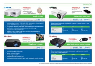7
PROJEKTORY
•	 rozdzielczość panoramiczna WXGA (1280 x 800) – przeznaczona do ekranów 16:10
•	 jasność 3000 ANSI lumenów – najczęstszy wybór klientów
•	 20.000 godzin żywotności źródła światła, kilkakrotnie dłużej niż tradycyjne projektory
•	 tylko 5 sekund do uzyskania pełnej jasności oraz niski pobór energii
•	 najpopularniejsze złącza: HDMI i VGA
•	 gwarancja 3 lata na projektor i 5 lat (do 10.000 godzin) na źródło światła przy
użytkowaniu do 12 godzin dziennie
•	 rozdzielczość FullHD (1920 x 1080)
•	 jasność 3200 ANSI lumenów
•	 wbudowany głośnik: 10W
•	 najpopularniejsze złącza: HDMI i VGA
•	 w zestawie pokrywa do zasłonięcia złączy i kabli – polecana do montażu sufitowego
Ekonomiczne projektory o uniwersalnym zastosowaniu i długiej żywotności (nawet do
10.000 godzin w trybie Dynamic Eco)
Zaawansowane projektory dla wymagających. Urządzenia o wysokiej jasności i z dużą
liczbą opcji podłączeń.
Casio XJ-V100W
ViewSonic PJD7828HDL
Vivitek DX831 / DW832 / DH833
ViewSonic PJD5155 / PJD5255 / PJD5555W
Nowoczesne źródło światła Laser&LED w przystępnej cenie: 3769 PLN
cena: 2949 PLN
cena: 3559 / 3779 / 4669 PLN
cena: 1449 / 1759 / 1889 PLN
PROMOCJA
Zegarek Casio
SHE-3034GL-7AUER
o wartości 599 PLN gratis*
PROMOCJA
Przenośny ekran
ViewSonic Tripod 100” gratis*
PROMOCJA
kabel HDMI 5m gratis*
PROMOCJA
Powerbank
Defenzo Charge 6.5K
gratis*
Cecha / model PJD5155 PJD5255 PJD5555W
Jasność (ANSI lumen) 3300 3300 3300
Format 4:3 4:3 16:10
Rozdzielczość SVGA (800x600) XGA (1024 x 768) WXGA (1280 x 800)
Złącze HDMI Tak Tak Tak
Cecha / model DX831 DW832 DH833
Jasność (ANSI lumen) 4500 5000 4500
Format 4:3 16:10 16:9
Rozdzielczość XGA (1024 x 768) WXGA (1280 x 800) FullHD (1920 x 1080)
Złącza HDMI / VGA 2 / 2 2 / 2 3 / 1
*ilość produktów promocyjnych ograniczona, szczegóły w regulaminie promocji dostępnym w siedzibie organizatora i u wybranych partnerów handlowych
 