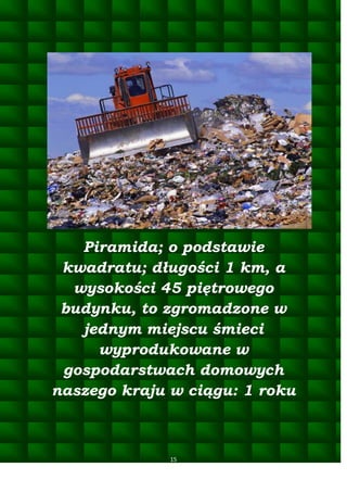 Piramida; o podstawie
kwadratu; długości 1 km, a
wysokości 45 piętrowego
budynku, to zgromadzone w
jednym miejscu śmieci
wyprodukowane w
gospodarstwach domowych
naszego kraju w ciągu: 1 roku

15

 
